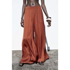 ZARA Wide Leg Flowy Trousers Sz XL Palazzo Pants Elastic Waist Flowy Beach Boho